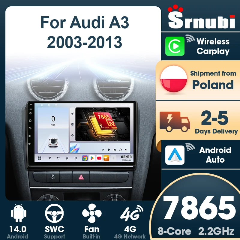 Radio para coche Srnubi con Carplay inalámbrico y Android Auto para Audi A3 8P 2003-2013, reproductor multimedia con navegación GPS, pantalla QLED de 2 Din, luz de botón estéreo de 9 pulgadas con marco, accesorios para automóvil 1