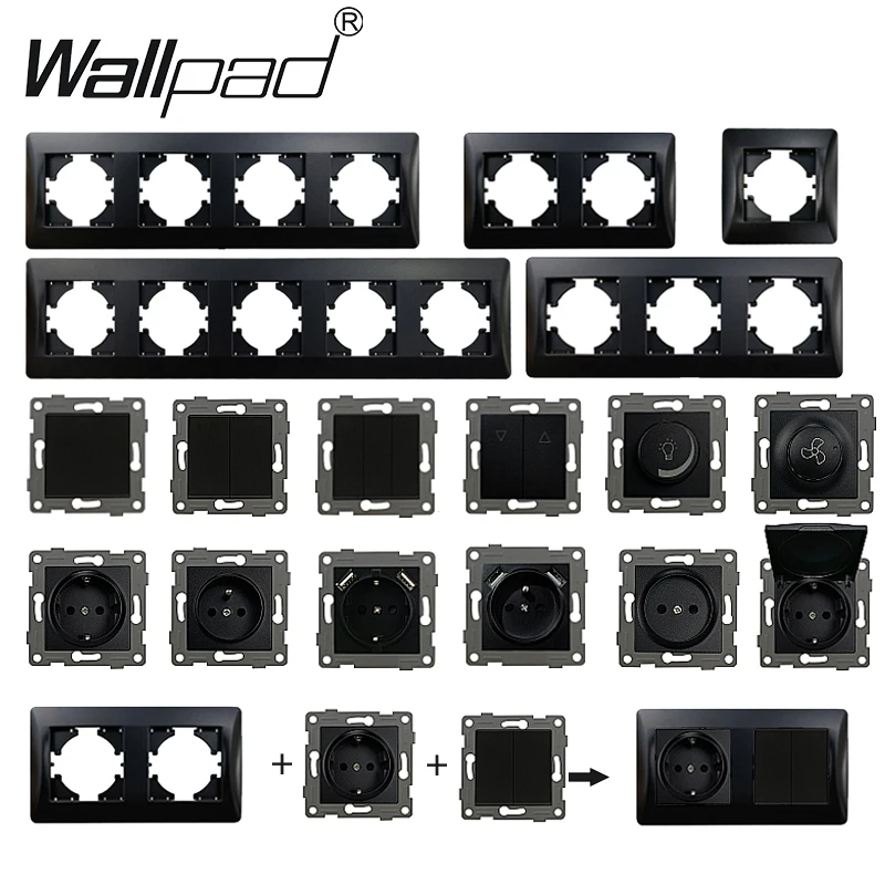 Matte EU ซ็อกเก็ตสวิทช์พลาสติกสีดํากรอบ Wallpad DIY ข้อมูลทีวีดาวเทียมผ้าม่าน Dimmer พัดลม 1 2 Gang 2 Way Switch รอบกล่อง 1