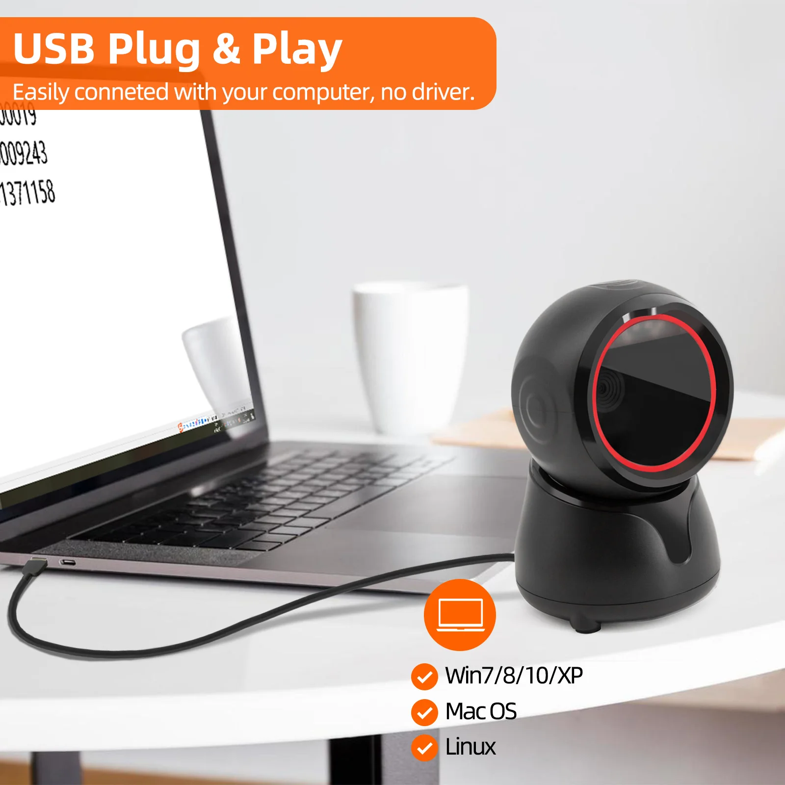 X7-800 2D Desktop Barcode Scanner Omnidirectional Hands-Free Wired USB Big Barcode Reader 1D QR Screen Barcodes Scanning