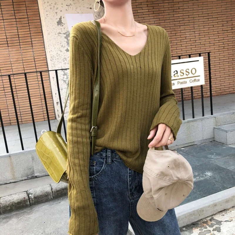 Fashion New Women's Long Sleeve V-Neck Sweater Solid Color Knitted Casual Elegant Office Pullover Shirt