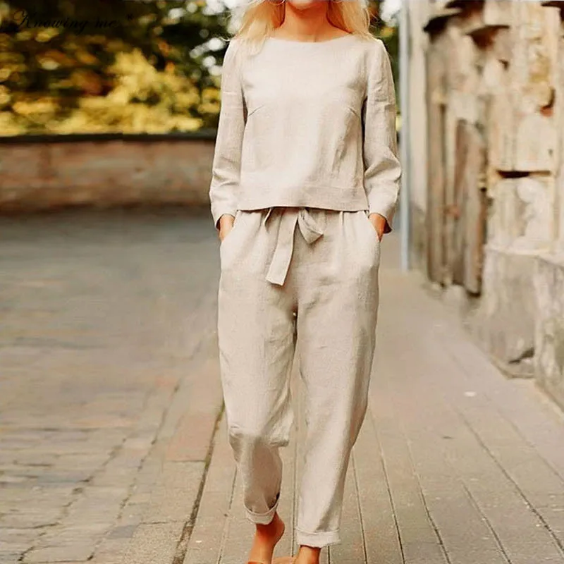 

women Autumn Cotton Linen Suit Elegant casual Solid o neck Long sleeve two Piece set Elegant Vintage Pocket Harajuku Loose Suits