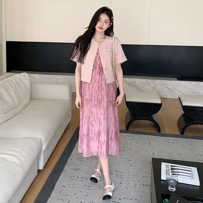 임산부 패션 트위드 스타일 반팔 상의, 얇은 탱크 원피스, 임산부용 2 피스 세트, 2024 신상