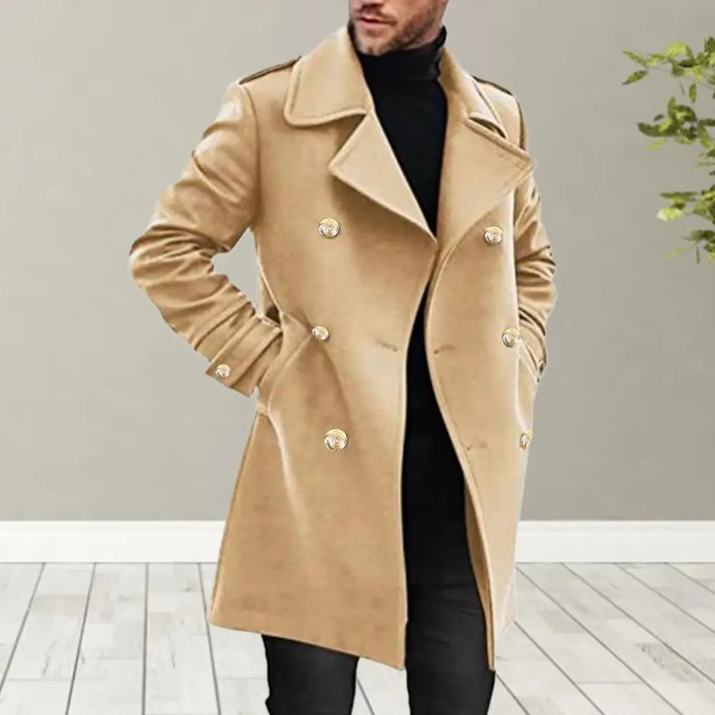 

Fall Winter Men Overcoat Thick Double-breasted Turn-down Collar Formal Coat Solid Color Mid Length Pockets Cardigan Trenchcoat