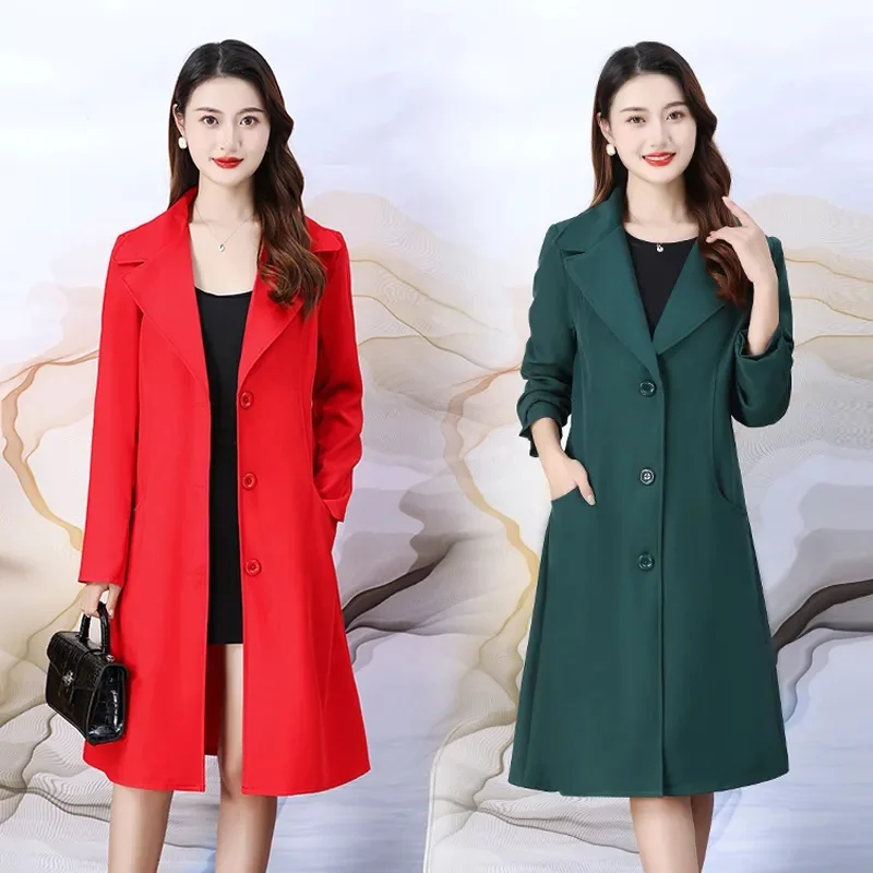 2023 Spring Clothes New Solid Color Suit Collar Windbreaker Western Fashion Loose Mid-length Coat Female Outside With Commuting