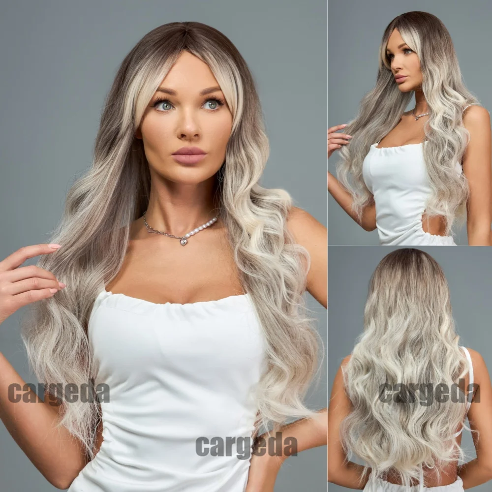 

Новый большой волнистый парик для женщин, градиентный серый с восьмисимвольной челкой, длинные волосы, повседневные длинные вьющиеся волосы, высокотемпературный шелк