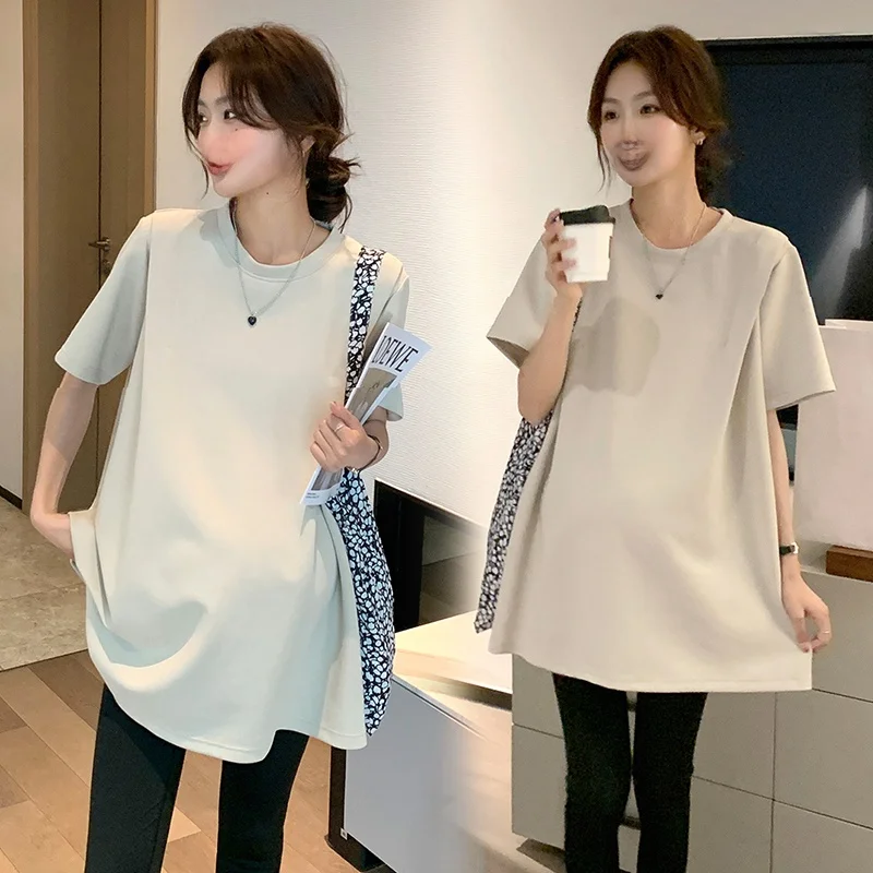 여름 새로운 한국 스타일 출산 티셔츠 루즈한 반팔 순면 출산복 미디 길이 시원한 느낌 얇은 모델