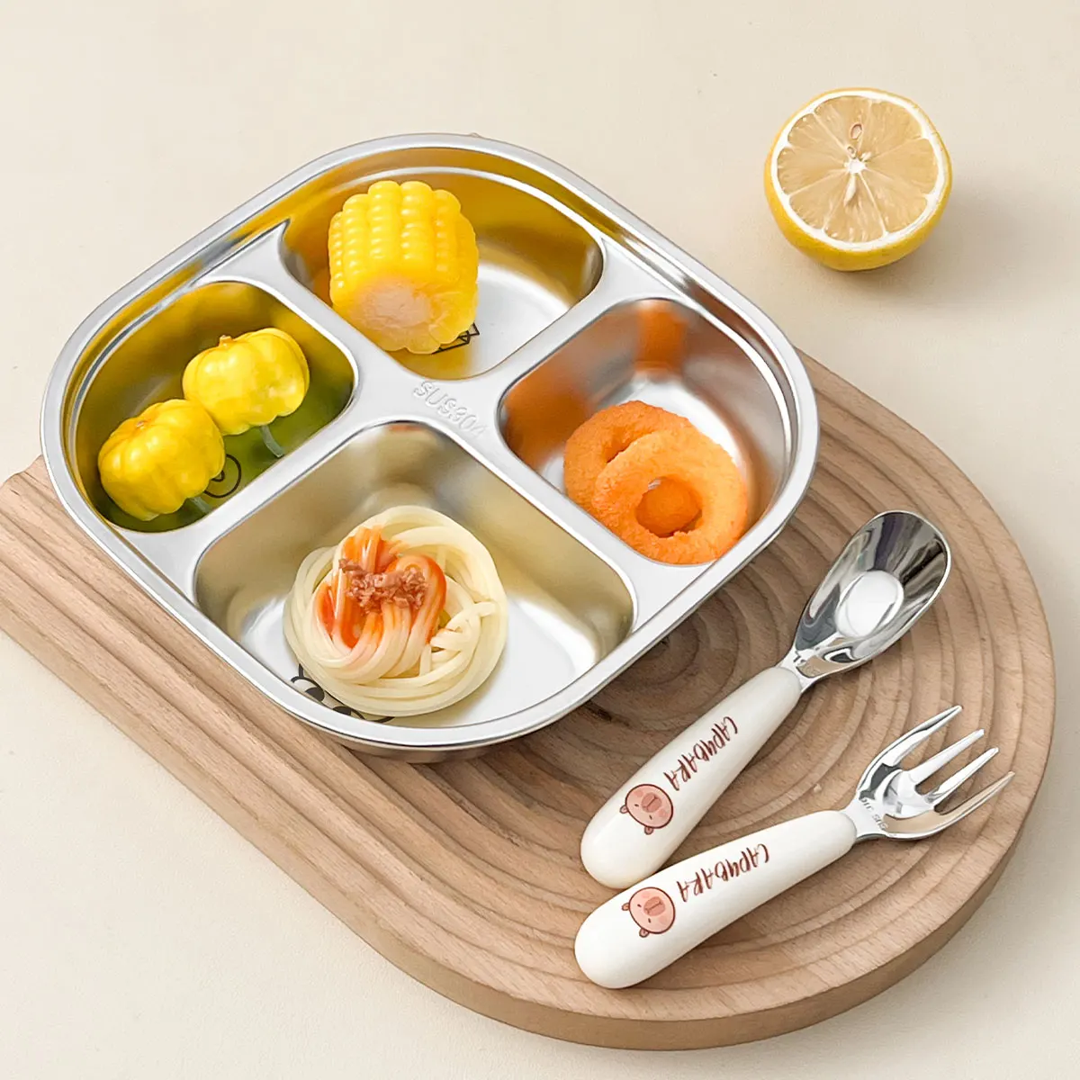 WORTHBUY Cute Capybara 304 Stainless Steel Divided Dinner Plate Reusable 3/4 Grids Food Plate Dishes For Kids Adult Dishwasher stainless steel plates