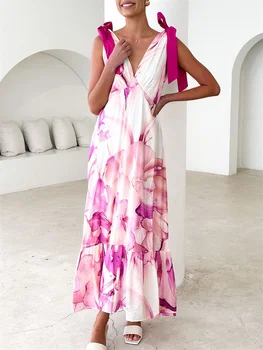 Elegant Floral Print Sleeveless V Neck Maxi Dress with Open Back and Spaghetti Straps for Women s Summer Fashion 2
