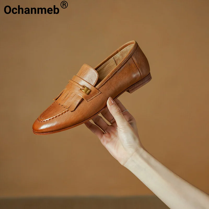 

Ochanmeb Woman Natural Genuine Leather Loafers Retro Fringe Brand Metal Slip-ons Flat Shoes Women 2023 Spring Daily Casual Flats