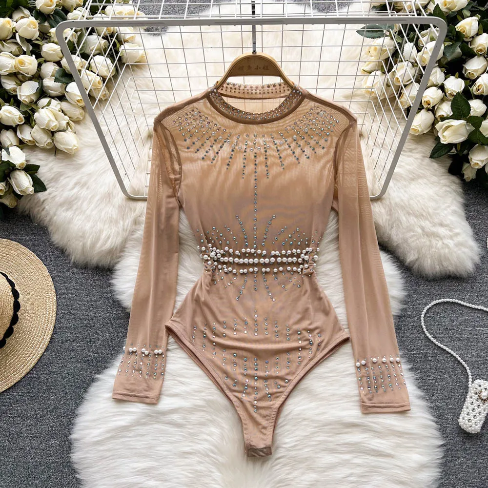 2024 Fashion Design Beaded Sequins Light Luxury High-End Jumpsuit Women's Thin Temperament Slimming Inner Trendy Long Sleeve Top