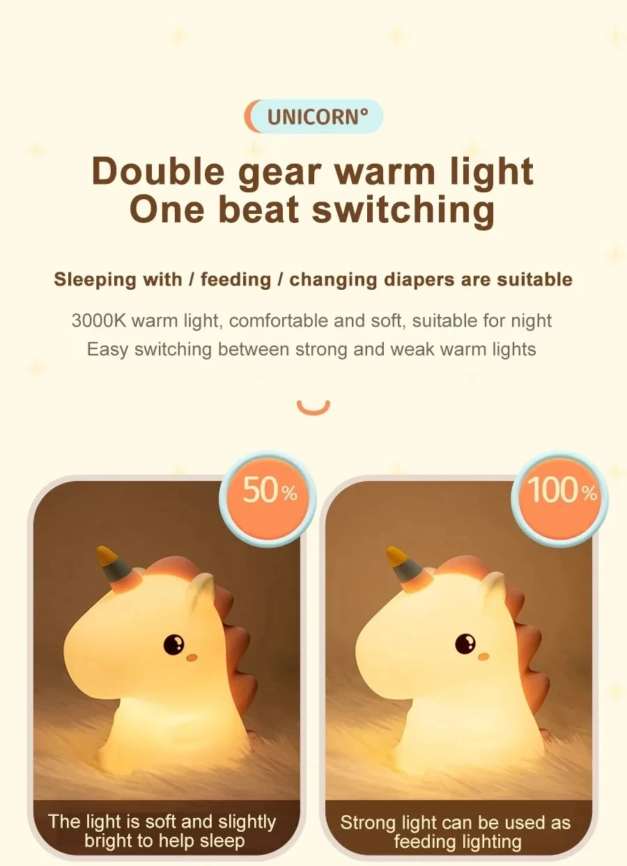 Unicorn Cute Silicone Led Night Light For Kids Children Usb Rechargeable Lamp