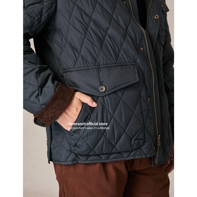 Firmranch Amekaji British Vintage Retro Cotton-padded Rhomboid Quilted Jacket Corduroy Lapel Coat Autumn Winter Blazer Men Women 4