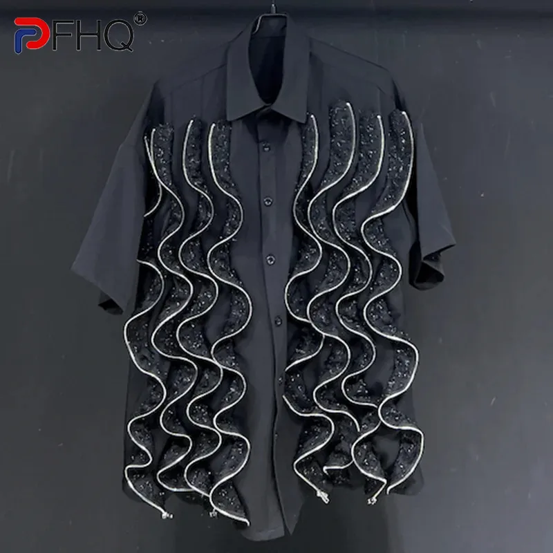 

PFHQ Men's Summer Versatile Shiny Twisted Zippers Shirts Tide Lapel Short Sleeve Personality Handsome Casual Male Tops 21Z4817