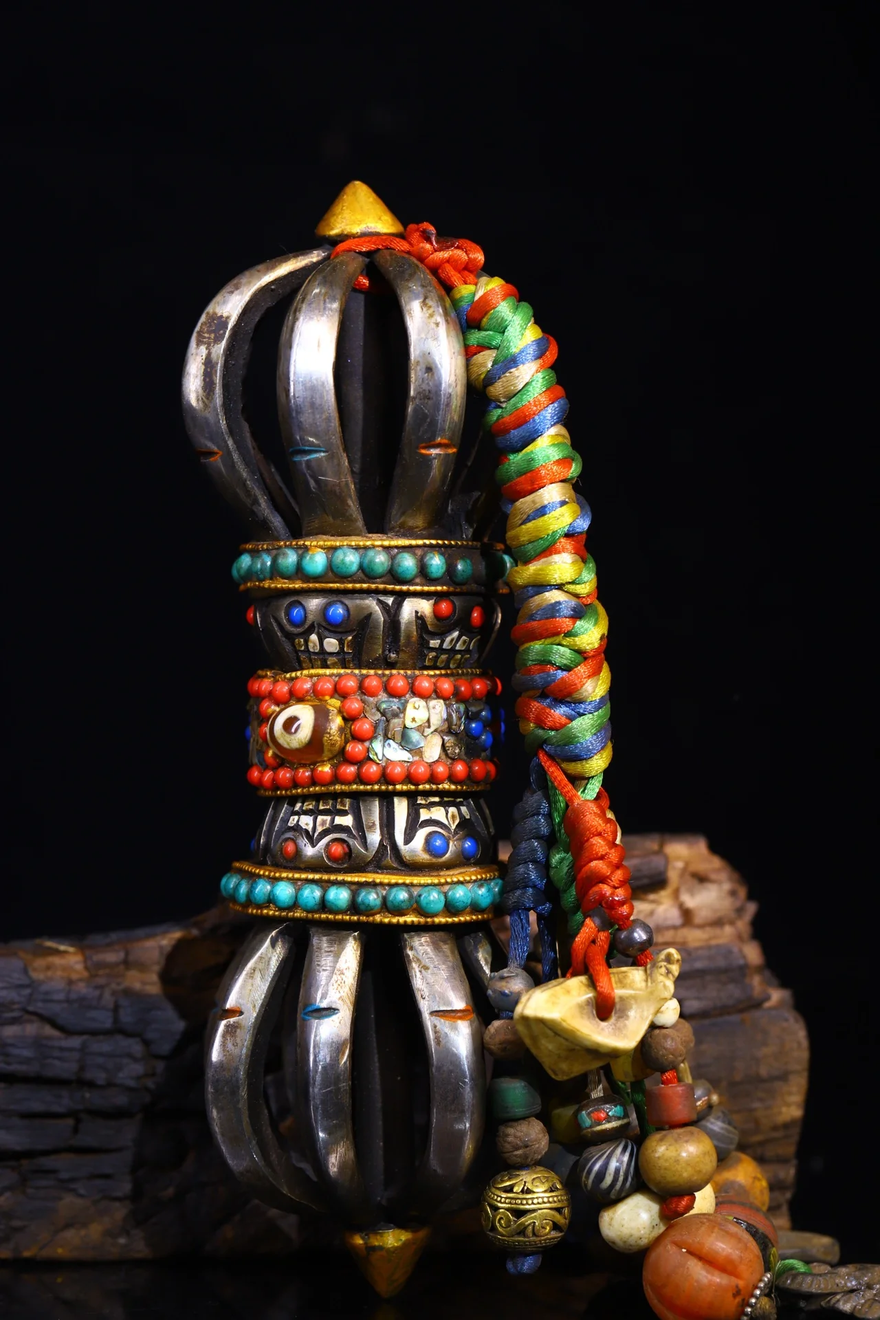 

8"Tibetan Temple Collection Old Tiantie mosaic Gem Shell gZi Beads Skull Head Nine shares Dorje Vajra Phurpa Dharma Town House