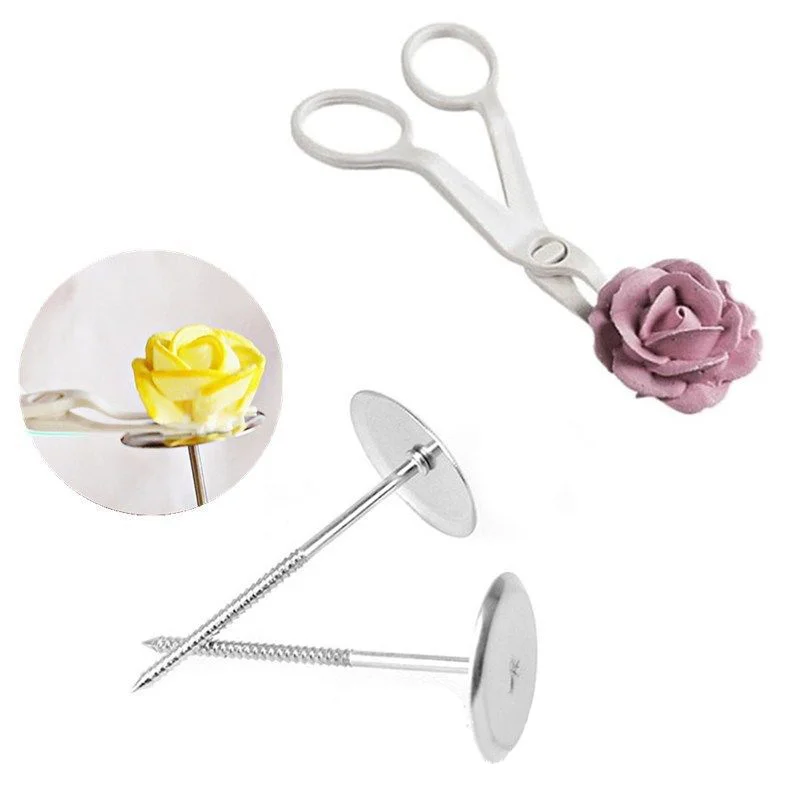 7Pcs/set Flower Scissor + Cake Tray + 5pcs Tulips Rose Nozzle Nail Decor Lifter Kitchen Fondant Cream Transfer Baking Pastry