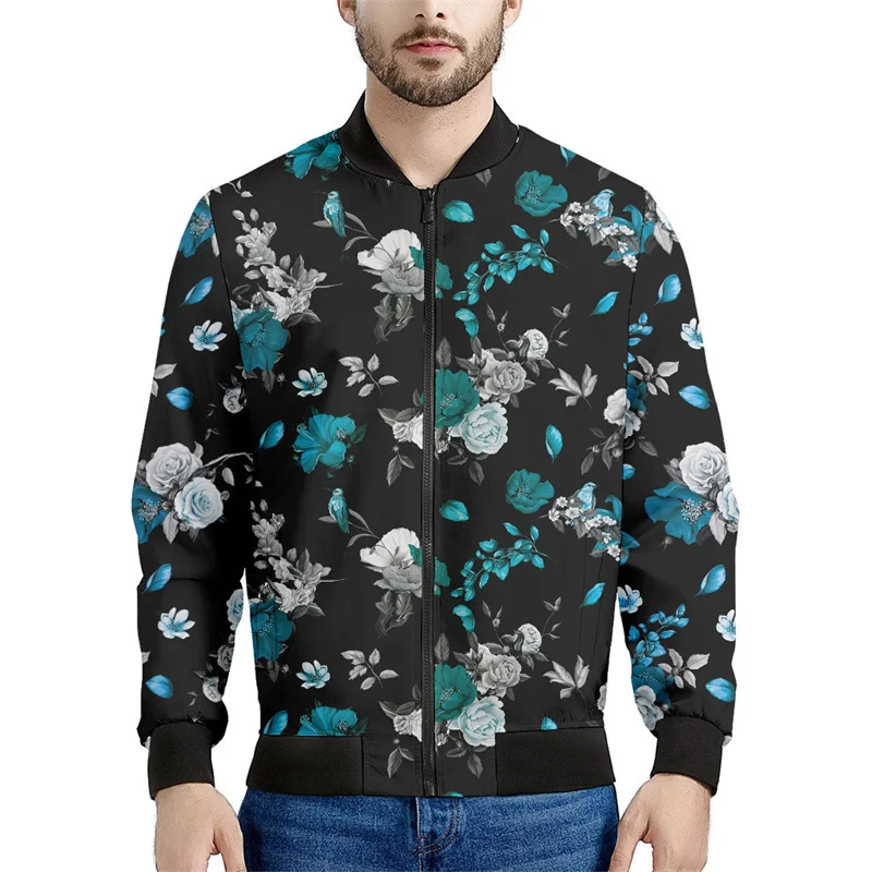 thumbnail image 1 of Chaqueta con cremallera y estampado de flores de rosas para hombre, con plantas 3D, mangas largas, para primavera y otoño, chaquetas de gran tamaño, abrigos, ropa de calle, 1 of 4