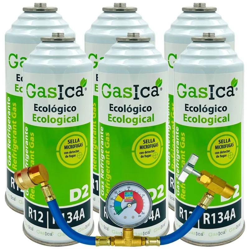 Confezione Da 6 Bottiglie Gas Refrigerante Gasica D2 - R12-R134A + Manometro