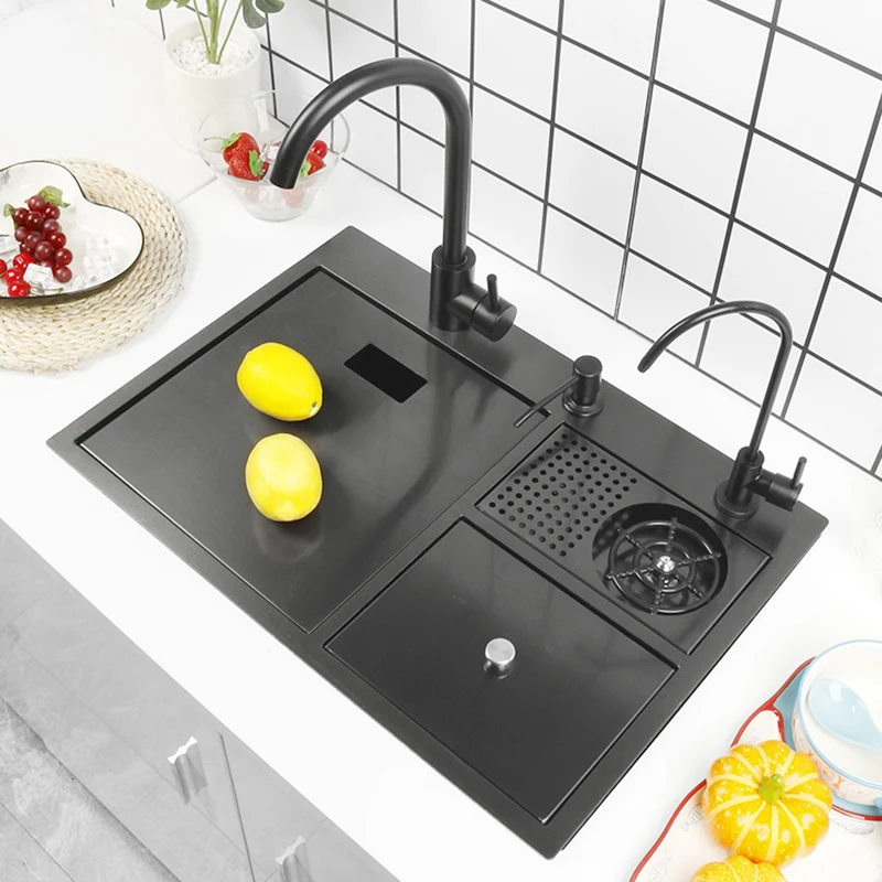 Black Nano Washer Kitchen Sink Stainless Steel Multi-Function with Trash Can Hidden Single-Slot Bar with Cover Plate Wash Basin 4