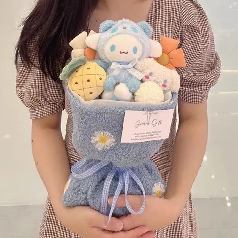 

Sanrio Anime Kuromi Cinnamoroll Mymelody Pompompurin Hellokitty Cartoon Kawaii Doll Bouquet Girl Cute Valentine's Birthday Gif