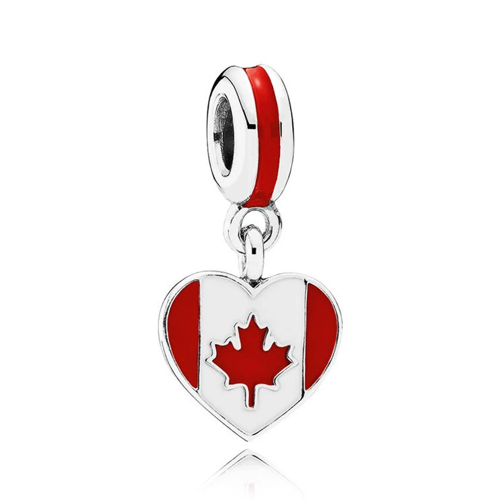 

Authentic 925 Sterling Silver Bead Canada CA Heart Flag Dangle Charm Fit Pandora Women Bracelet Bangle Gift DIY Jewelry