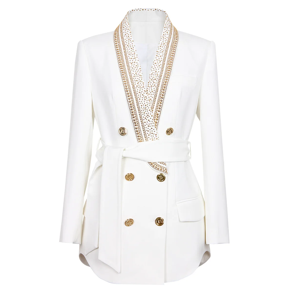 Women Fashion Long Blazer With Belt 2023 Autumn New White Black Diamonds Patchwork Double Breasted High Street Chic Jacket Coats