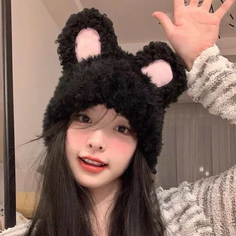 Cute Plush Rabbit Ears Wool Hat Women Autumn And Winter Warm Simple Knitted Cap Sweet Versatile Ear Protector Beanie Hats