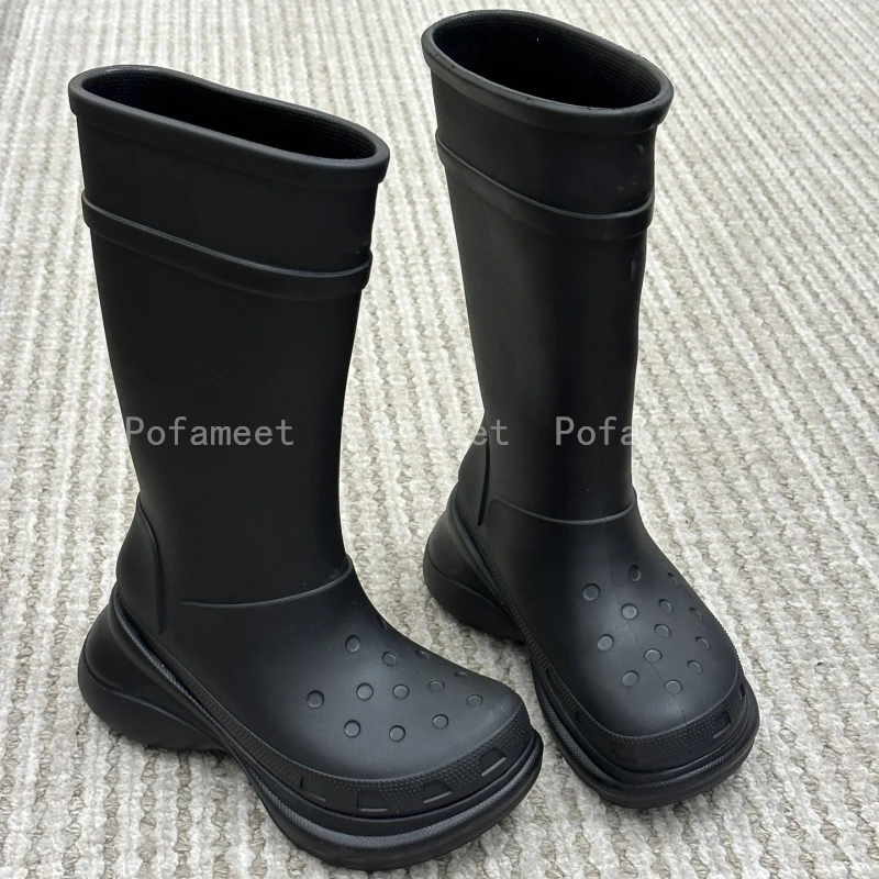 

Women Rain Boots PVC High Quality Brand Knee High Boot Platform Big Size 45 Round Toe Men Long Boot Waterproof Slip On Bootie