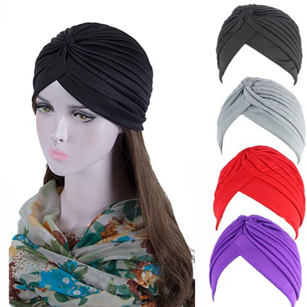 New Headband Stretchy Turban Muslim Hat Wrap Chemo Hijab Knotted Indian Cap 