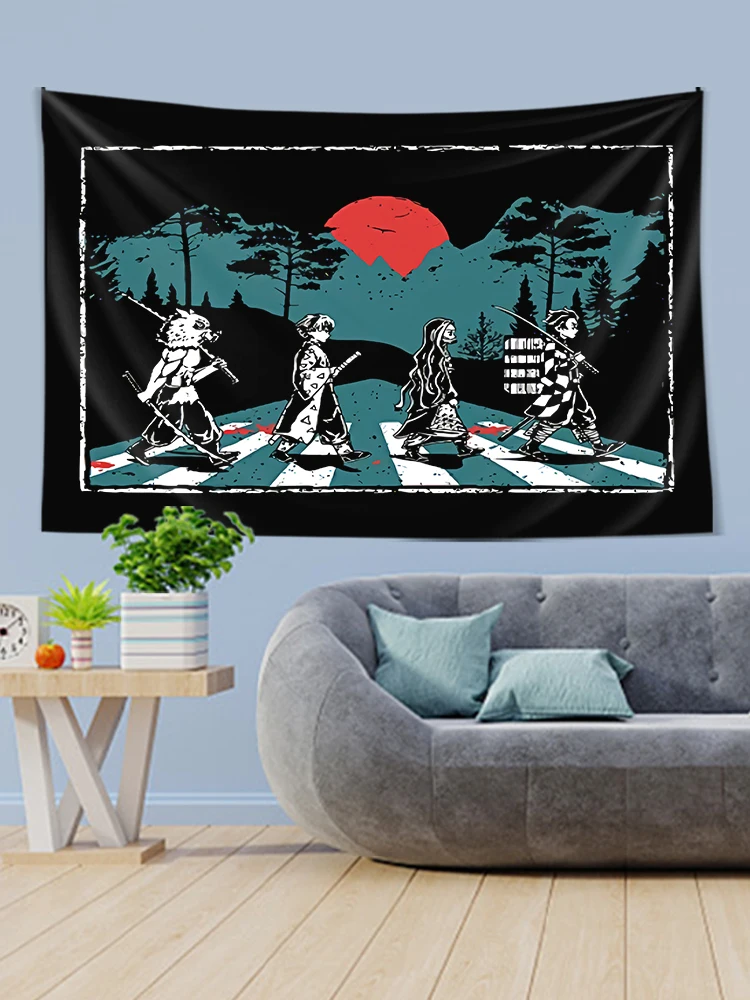 Cute Japan Demon Slayer Anime Tapestry Kawaii Decor Moon Japanese Style Skull Decoration Polyester For Teen Room Black