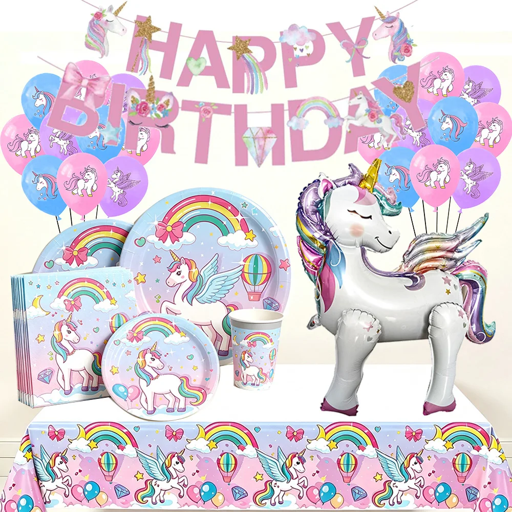 Lila Einhorn Geburtstagsdekorationen Einhorn Folienballon Teller Servietten Tassen Laser Regenbogen Strohhalme für Mädchen Einhorn Themen Party