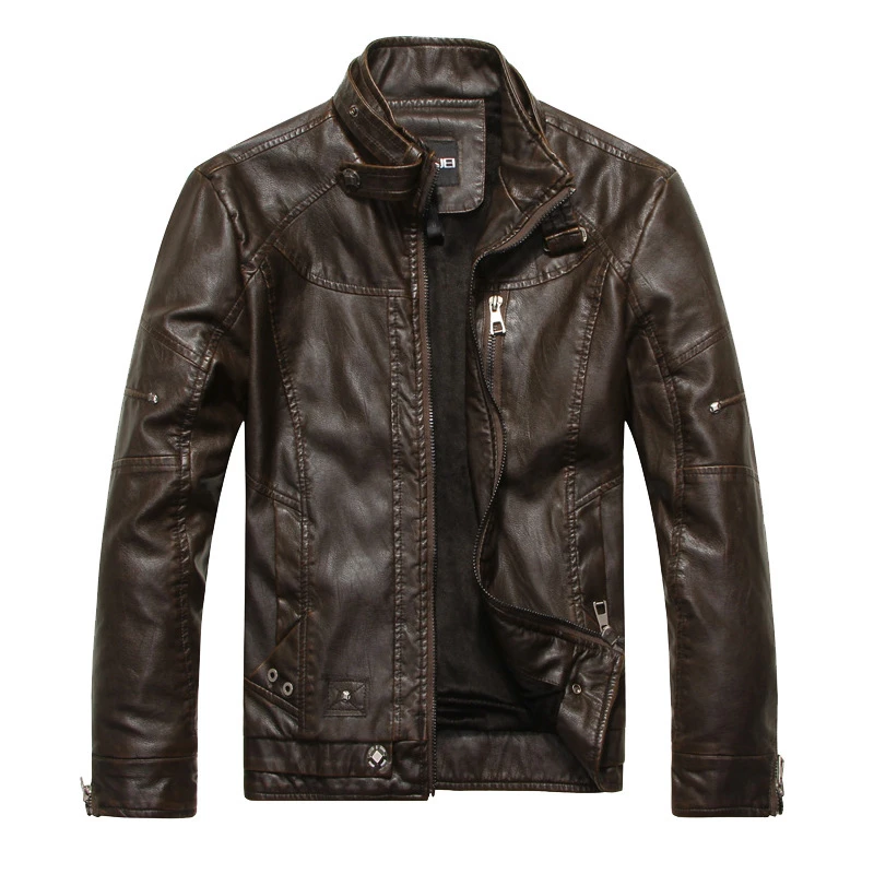 Men motorcycle leather jacket European and American style old washed leather jacket stand collar plus velvet men leather jacket cowboy leather jacket