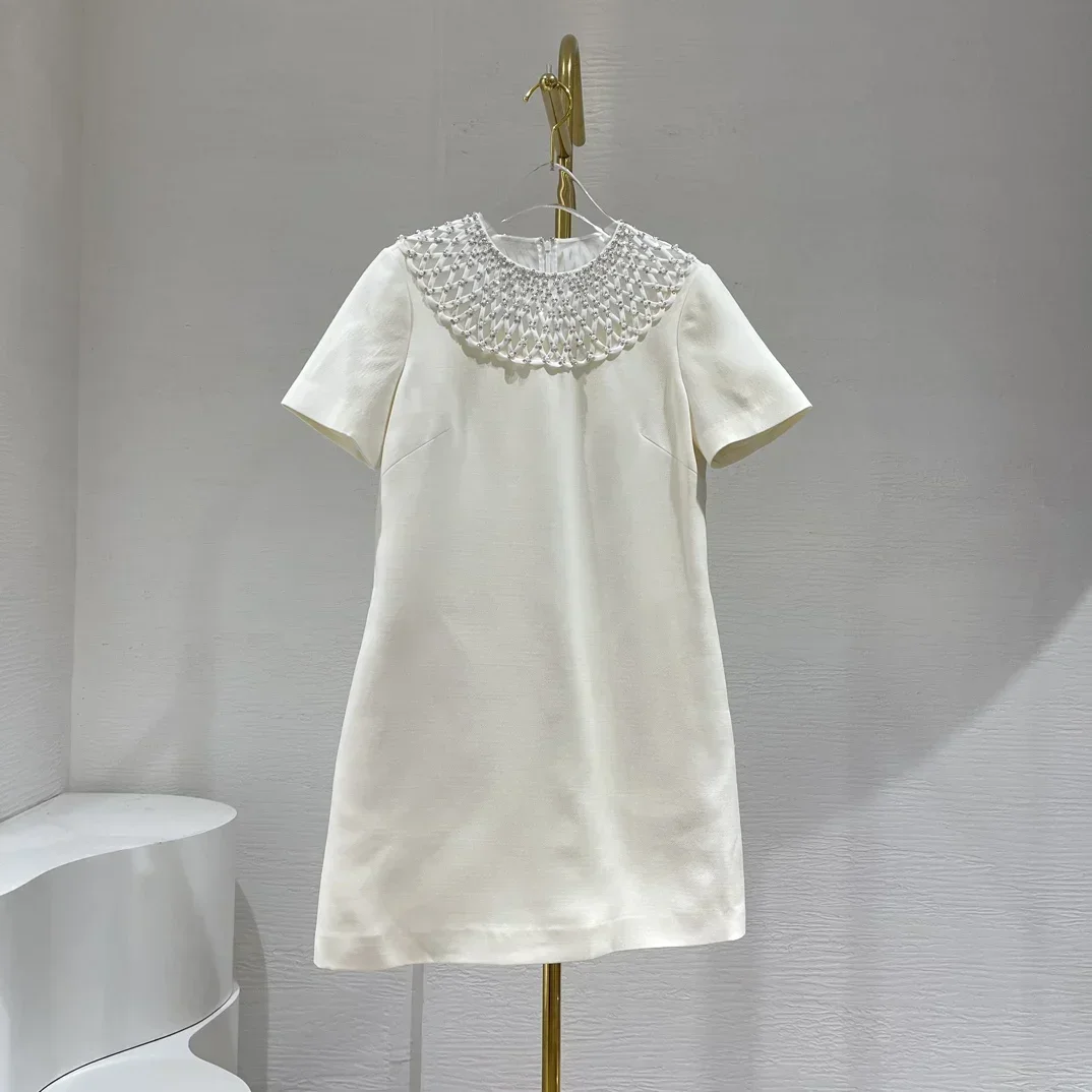 

Женское прямое мини-платье цвета слоновой кости, летнее ажурное платье с коротким рукавом и бисером, 2024