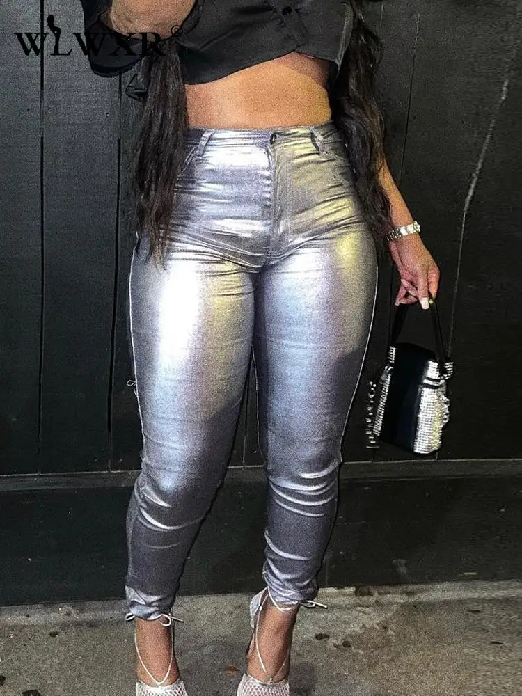 

WLWXR Fall Streetwear Solid Pants For Women 2022 Patchwork Zipper High Waist Pants Club Outfits Skinny Coppery Trousers Female