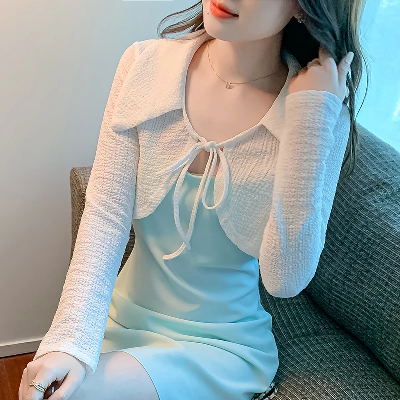 Summer Cape For Female Solid Color Prevented Bask Cothes Long Sleeve Turn-Down Collar Female Shawl Office Lady Shirts Jackets women satin pants suit vintage office lady single button spliced shawl collar blazer female high waist two piece set suit