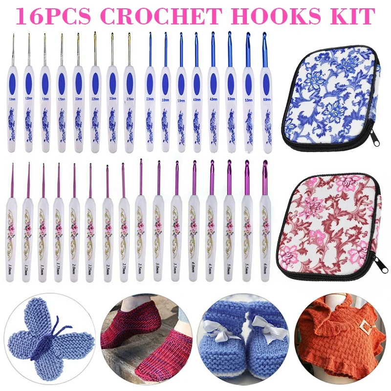 

16pcs Pink Aluminum Crochet Hooks Set Knitting Needles Kit Plastic Handle DIY Craft Set For Sweater Yarn Weave