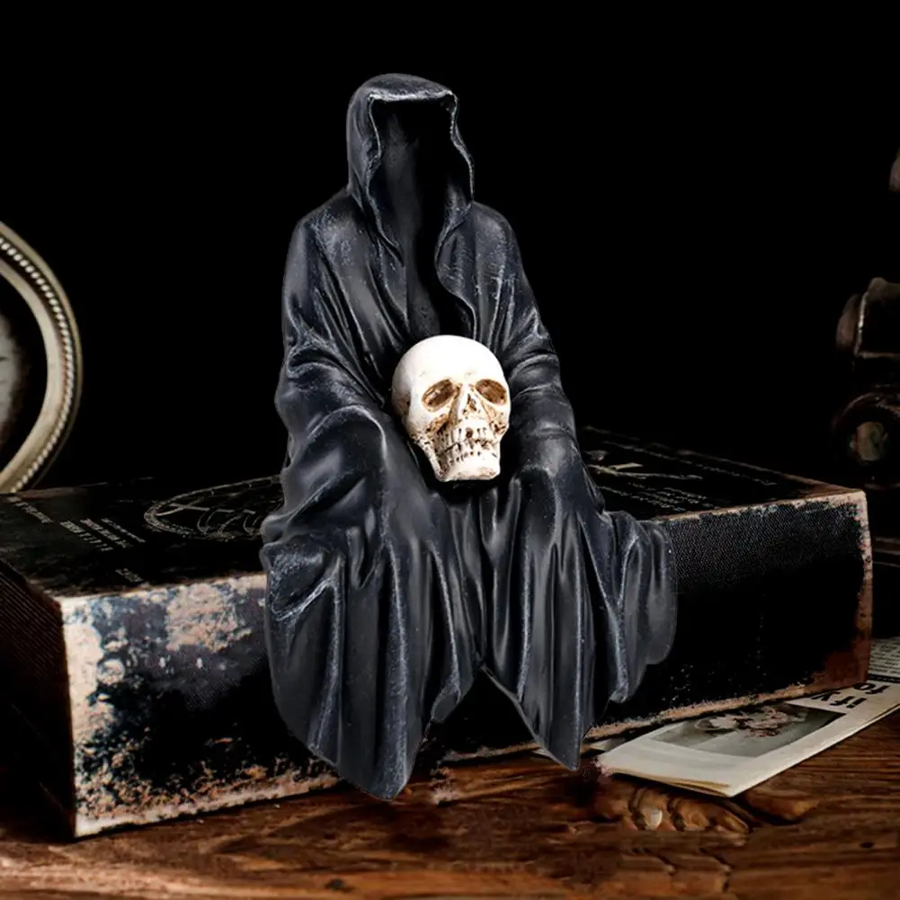 Grim Reaper Figurine Resin Spooky Black Robe Death Ghost Statue Sculpture Desktop Decoration Ornament Festival Halloween Supply