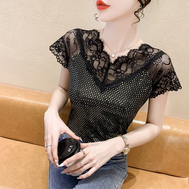 

Summer fashion women's lace shirts hollow out short sleeve t shirt women sexy streetwear sequins shiny t-shirts stretch tops