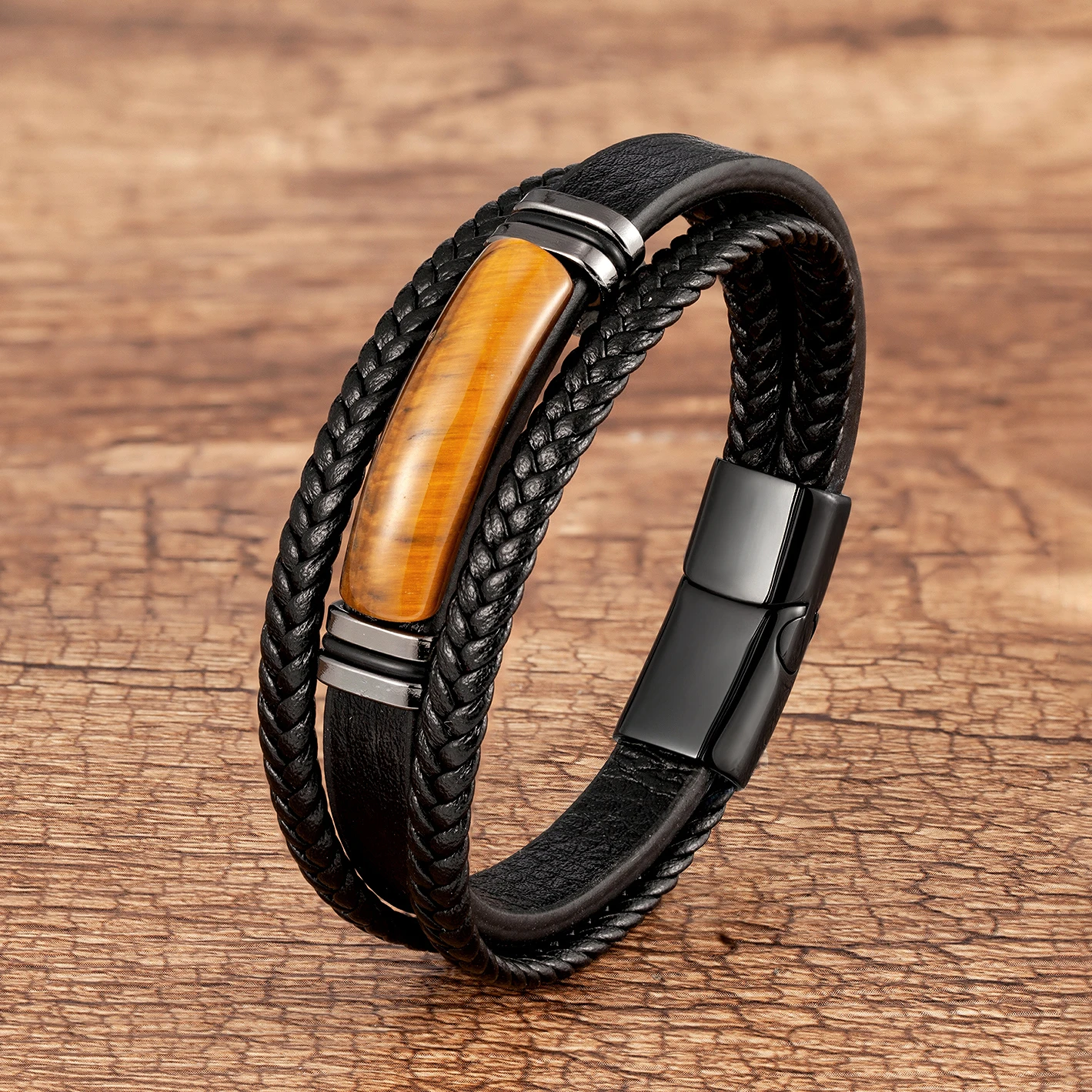 Natürliches Tigerauge Stein Charm Armband Mehrschichtiges geflochtenes Lederseil Herrenarmband Armreifen Edelstahl Schmuckzubehör