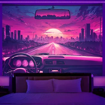 Tapisserie Murale Fluorescente, Tissu de Fond, Décoration Hiphélicoptère, Neon City Racing, Paysage Cyberpunk, Tenture Chambre à Coucher, ix 1