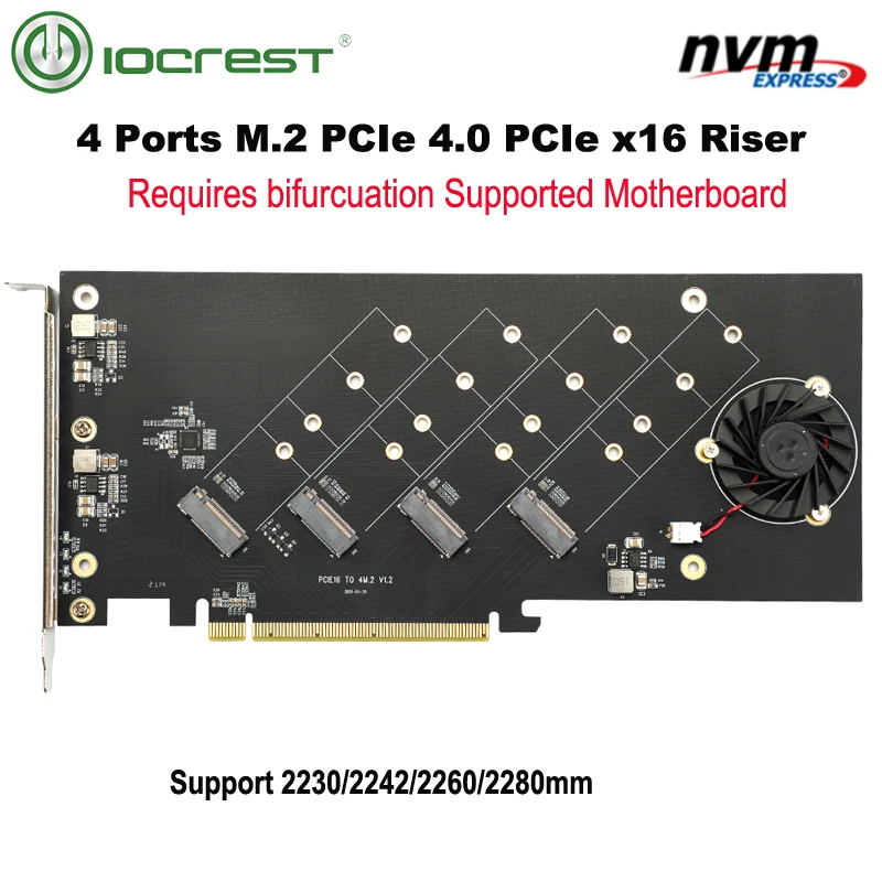 IO CREST Quad M.2 NVMe PCIe 4.0 x4 PCIe x16 拡張カード NVMe M.2 最大256Gbps AMD  3rd Ryzen sTRX40 AM4 Socket Intel VROC NVMe Raid用