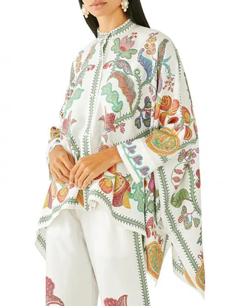 

Женская блузка в британском стиле Yeezzi, Элегантная блузка с цветочным принтом и воротником-стойкой, новинка сезона весна-лето 2024, рубашки с рукавом летучая мышь и высоким воротником, топы