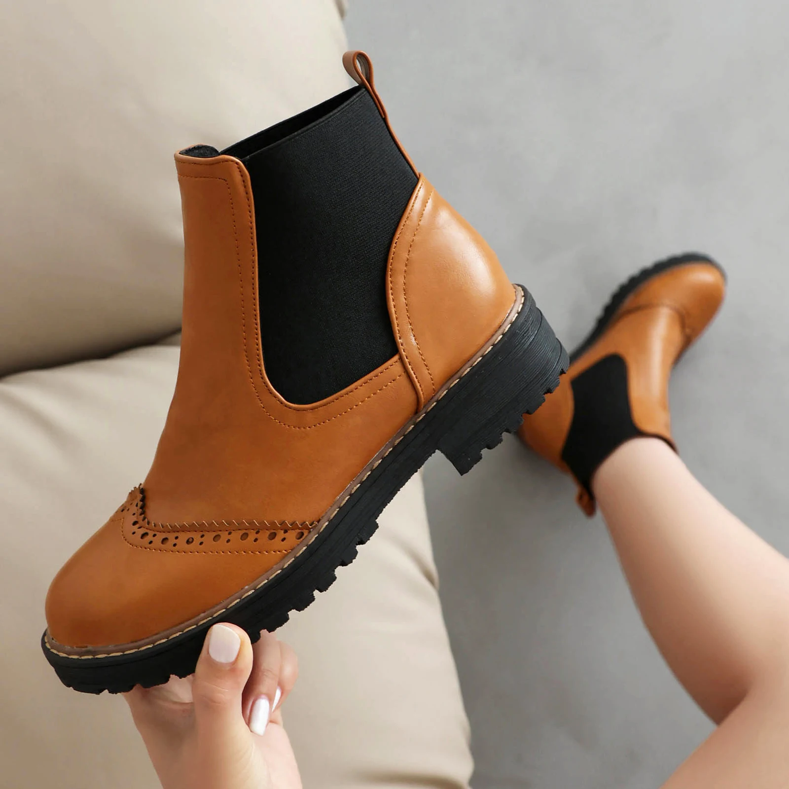 

Stitching Hollow Small Hole Colored Office Women's Boots Thick Heel Waterproof Platform Fashion Slip-On Short Boots
