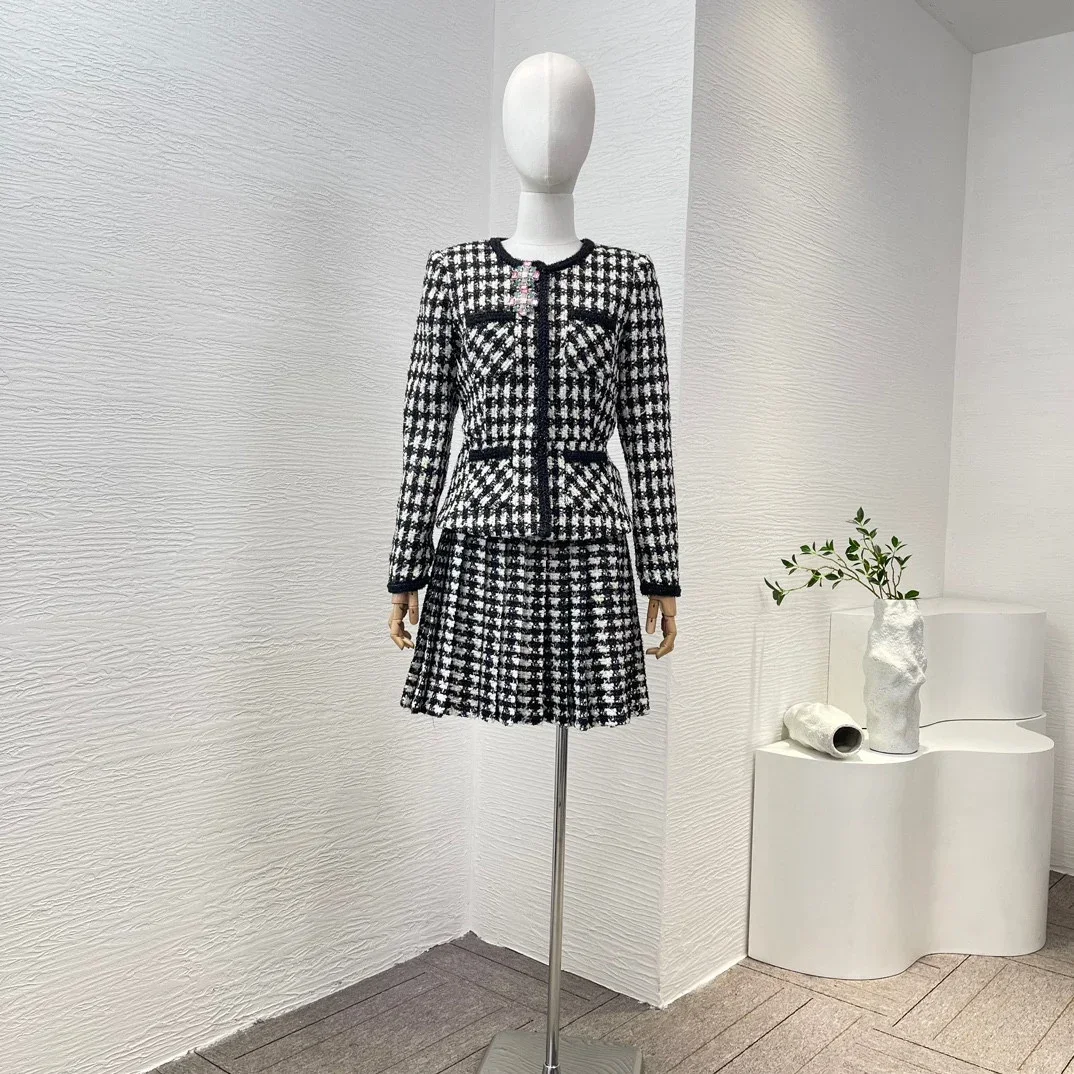 

Women Top Quality 2024 Spring Collection Houndstooth Diamonds Buttons Old Money Style Costume Tweed Mini Skirt Matching Set