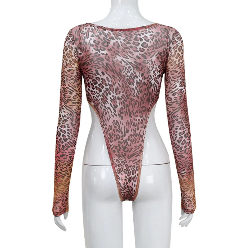 BKLD Clothes For Women Mesh Perspective Sexy Leopard Print One Pieces Long Sleeve High Waist Y2k Streetwear Top Female Bodysuits