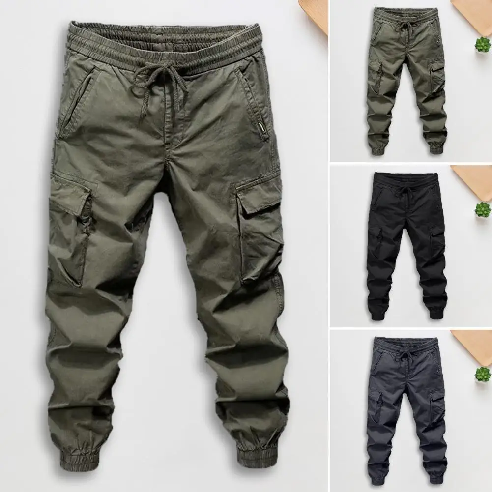 

Fashion Solid Color Work Casual Multiple Pockets Men's Cargo Pants Classic Waist Drawcord Pure Cotton Youth Tide Male Trousers