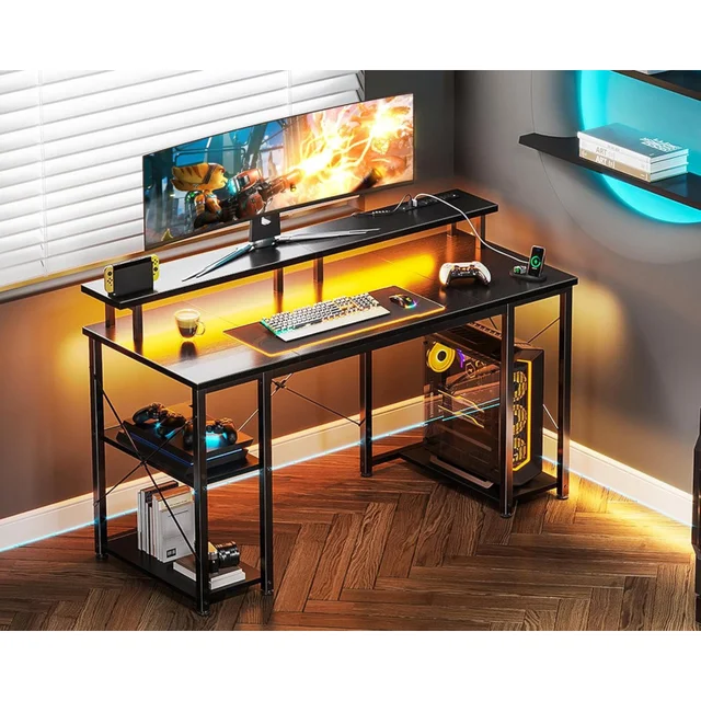 48 Inch Game Table Belt LED Lamp and Power Socket,Computer Desk with Monitor Stand and Storage Knife,CPU Bracket,Home Desk,Black 2