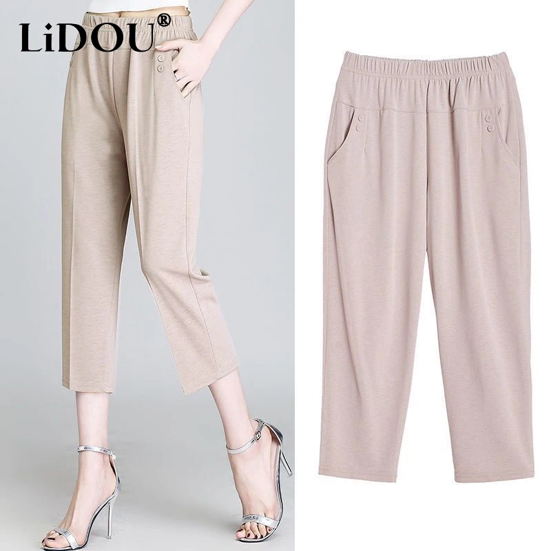 

2023 Summer Large Elasticity Elastic Waist Pockets Calf Length Pants Women Casual Loose Thin Style Comfortable Straight Pants