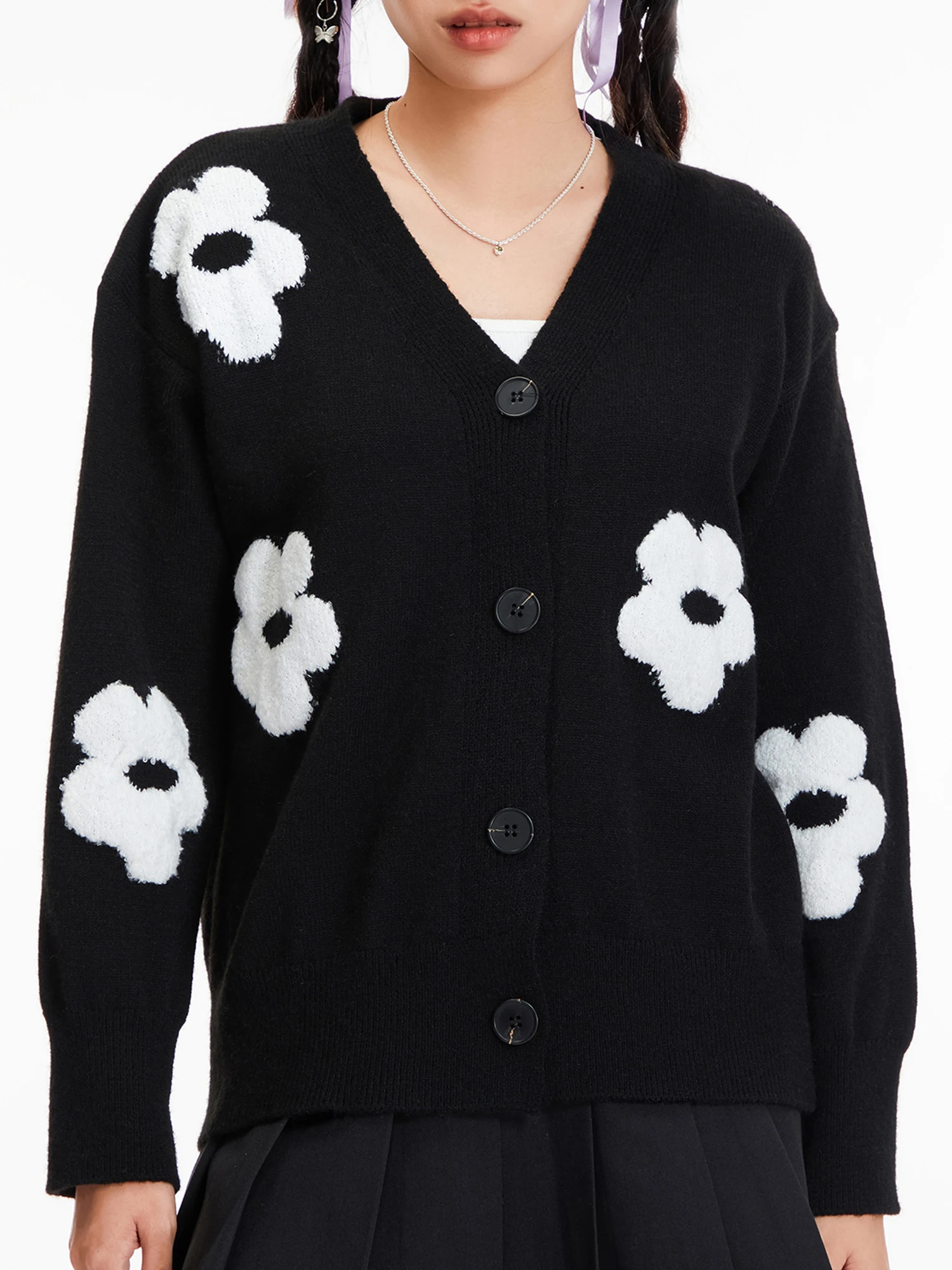 

Wsevypo волшебный гранж пушистый цветочный вязаный кардиган женский осенне-зимний свободный свитер с длинным рукавом и V-образным вырезом на пуговицах