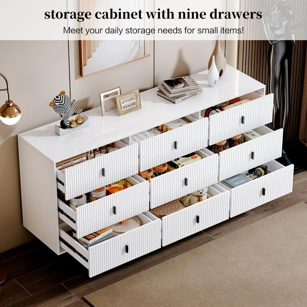 White 9 Drawer Dresser for Bedroom, Large Double Dresser with Wide Drawers, Modern Chest of Drawers,Storage Organizer Dresser 3