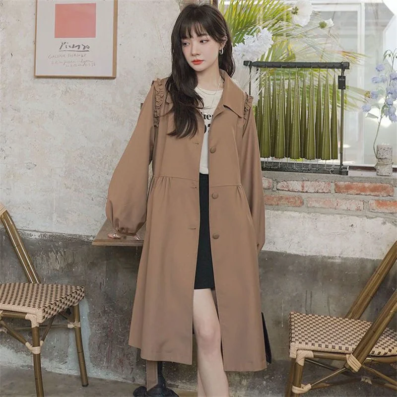 

Korean Fashion Trench Coat Lantern Sleeve Temper Vintage Lapel Single Breasted Long Windbreaker Office Lady Jacket for Women Top
